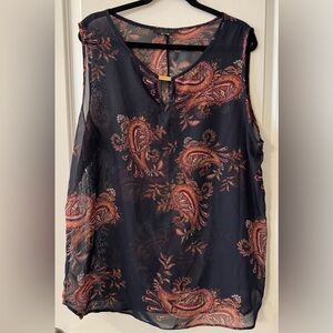 American City Wear Blue & Rust Paisley Chiffon Sleeveless Tunic Metal Accent